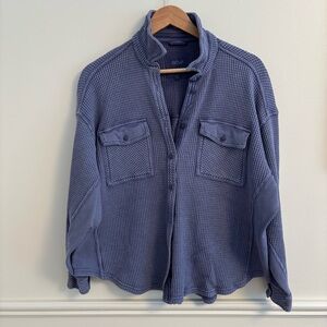 aerie Waffle-Knit Button-Up in Dusty Blue